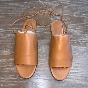 Vince Tan Camel Leather Ankle Strap Slip On Flat Sandals